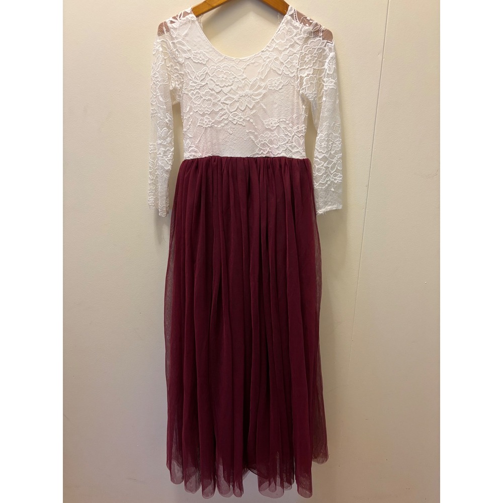 2BUNNIES Kids White Lace Burgundy Tulle Long Sleeve Flower Girl Dress Size 160